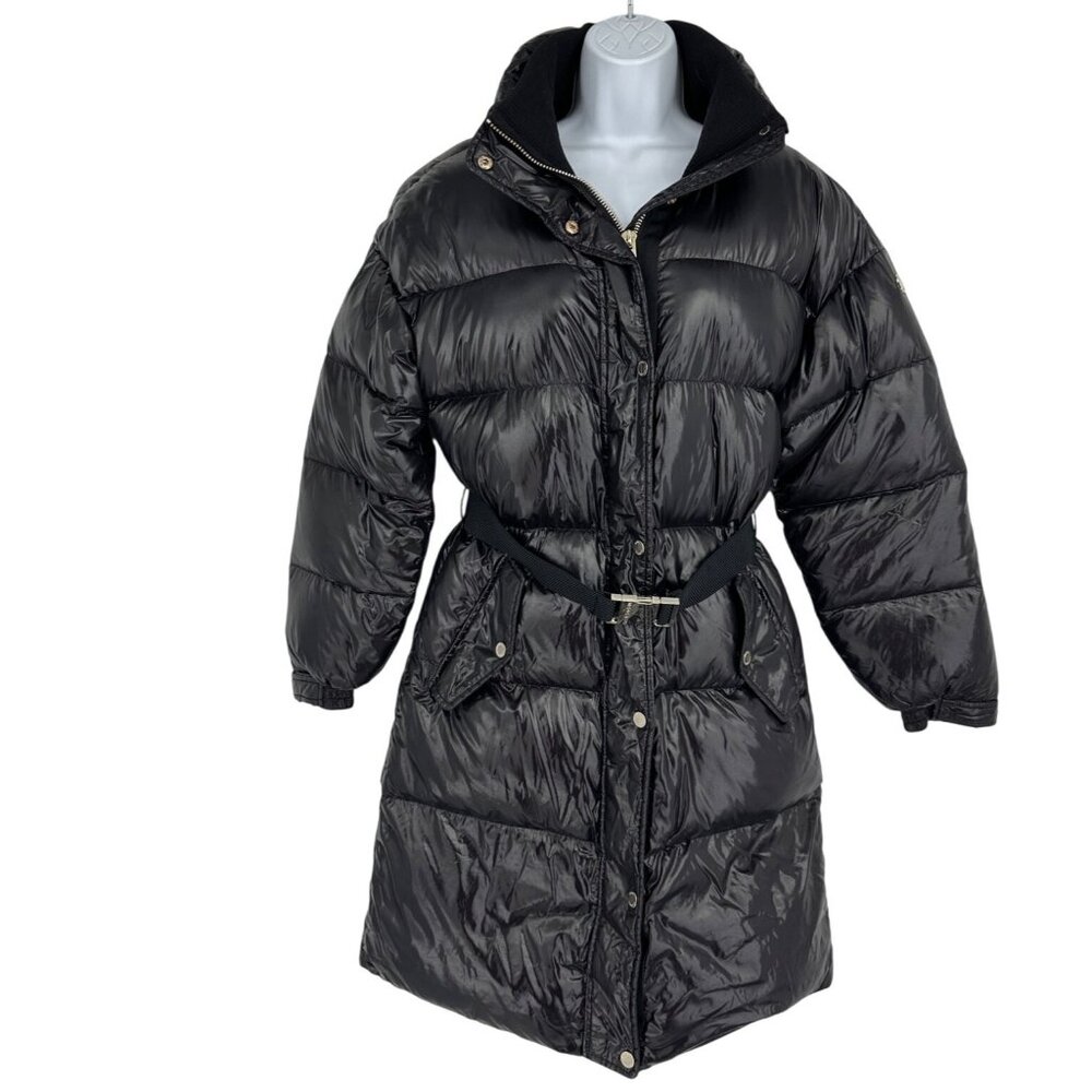 Michael Kors Womens Shiny Black Puffer Coat W/ Belted Waist Gold Hardware Size S